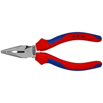 Плоскогубцы комб. острокон. с удл. губками, рез: провол. ср. d 3 мм, твёрд. d 2 мм, кабель d 8 мм, L-145 мм, чёрн., 2-к ручки KN-0822145